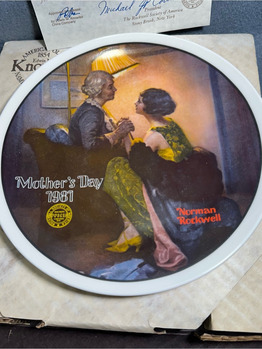 Norman Rockwell Mother’s Day Plate — Green, Black & Yellow Accents